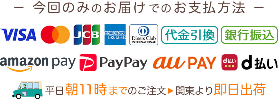 今回のみのお届けでは、クレジットカード、amazonPAYなどのキャッシュレス、代金引換、銀行振込がご利用いただけます